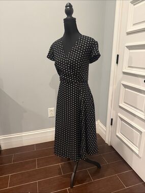 Ann Taylor Factory Black Polka Dot Wrap-Style Midi Dress